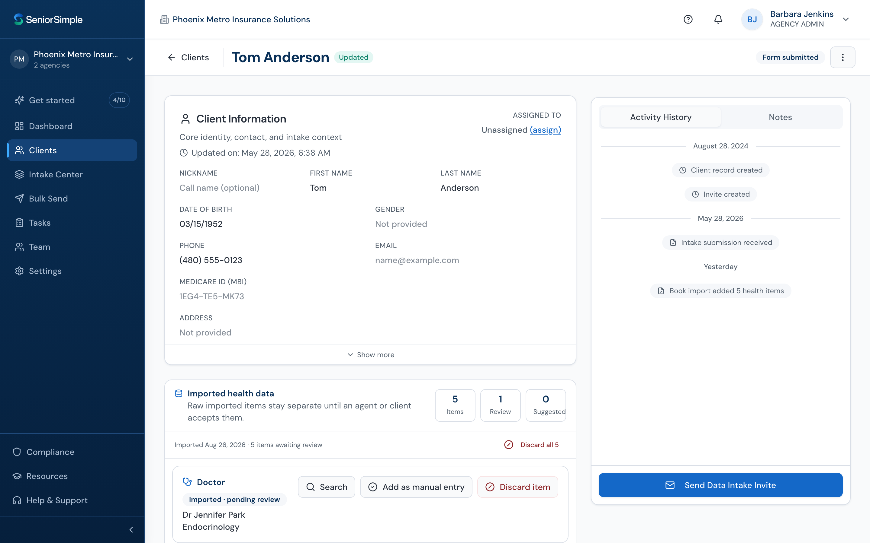 ClientKeep client detail with verified providers and intake history